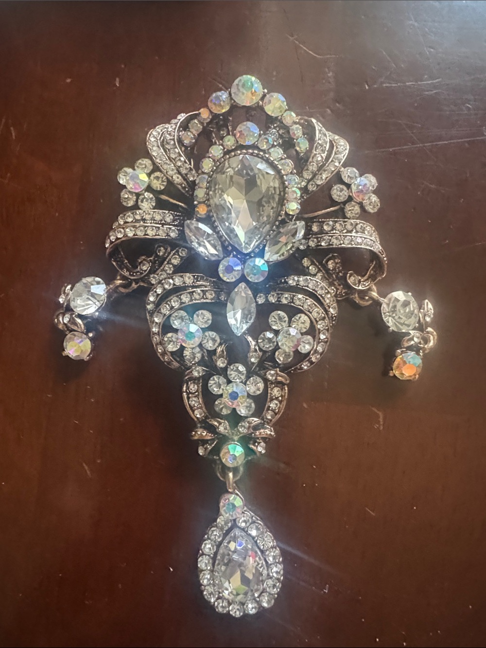 Vintage Aurora Crystal Teardrop Statement Brooch - Clear